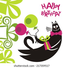 Happy birthday greeting card cat with balloons and gift vector illustration