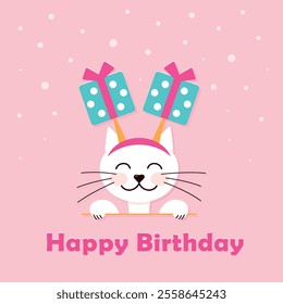 Happy Birthday greeting card with a cat, white kitty with gift box headband on, square vector illustration