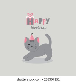 happy birthday greeting card cat. vector illustration