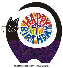 Happy birthday greeting card cat cute cartoon vector illustration