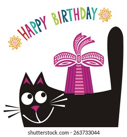Happy birthday greeting card cat with gift cute cartoon vector illustration