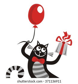 Happy birthday greeting card cat with gift and balloon vector illustration