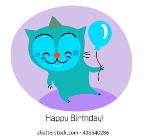 Happy birthday greeting card with cat - vector illustration. 