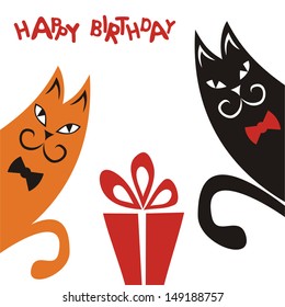 Happy birthday greeting card cats and gift cute cartoon vector illustration