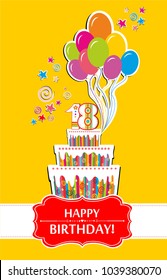  Happy birthday! Greeting card. Celebration yellow background with number eighteen, balloon, cake and place for your text.  Illustration