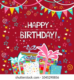 Happy Birthday! Greeting card. Celebration  background with colorful flags, star, gift box and place for your text. Vector Illustration