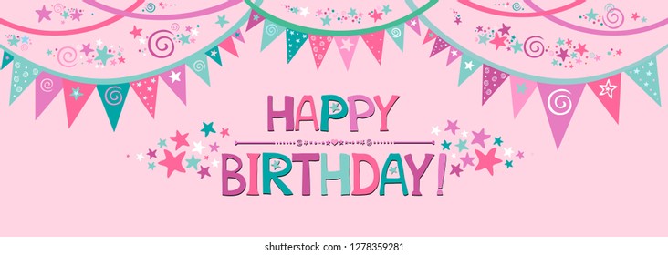 Happy Birthday! Greeting card. Celebration pink  background with flags, star  and place for your text. Web banner design background for header Templates. Vector Illustration