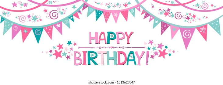 Happy Birthday! Greeting card. Celebration white background with flags, star and place for your text. Web banner design background for header Templates. Vector  Illustration