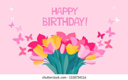 Happy birthday Greeting card. Celebration background with Mix of spring tulips flowers and place for your text. Tulips bouquet on light pink background. Horizontal banner. Vector illustration