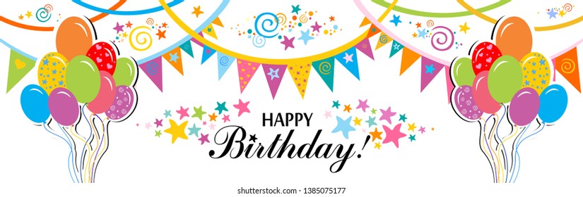 Happy Birthday! Greeting card. Celebration white background with colorful flags, star, balloons and place for your text. Horizontal banner. Greeting, invitation card or flyer. Vector Illustration
