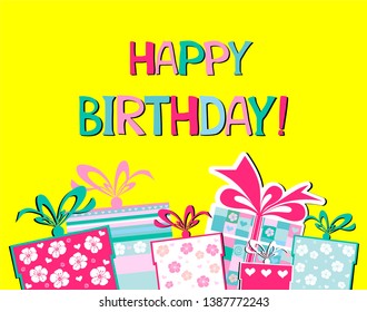 Happy Birthday! Greeting card. Celebration yellow background with gift boxes and place for your text. Vector Illustration