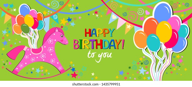 Happy Birthday! Greeting card. Celebration green background with Horse, Balloons, colorful flags, garland  and place for your text. Horizontal card format for web banner or header. Vector illustration