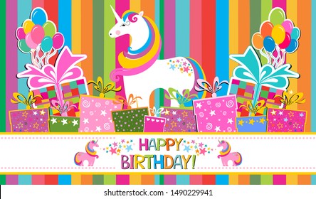 Happy Birthday! Greeting card. Celebration background with white unicorn, Balloons, rainbow, colorful gift boxes and place for your text. Horizontal card format for web banner or header.  Vector 