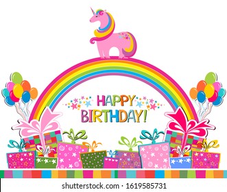 Happy Birthday! Greeting card. Celebration white background with cute pink unicorn icon, Balloons, rainbow, frame, gift boxes and place for your text. Horizontal card format for web banner or header. 