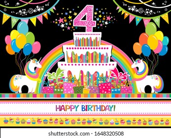 Happy Birthday! Greeting card. Celebration black background with number four, unicorn, Balloons, colorful flags, gift box, cake and place for your text. Horizontal card format for web banner or header