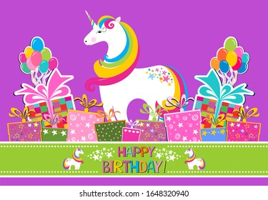 Happy Birthday! Greeting card. Celebration violet background with white unicorn, Balloons, colorful gift boxes and place for your text. Horizontal card format for web banner or header.  Vector 