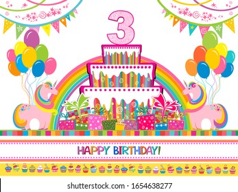 Happy Birthday! Greeting card. Celebration whate background with number three, unicorn, Balloons, colorful flag, gift box, cake and place for your text. Horizontal card format for web banner or header