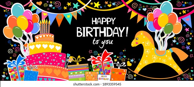 Happy Birthday! Greeting card. Celebration background with Horse, Cake, Balloons, colorful flags, garland and place for your text. Horizontal card format for web banner or header. Vector illustration