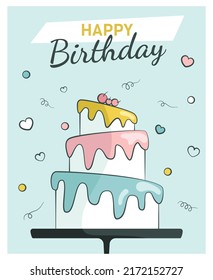 Happy birthday greeting card. Celebration vector illustrations with cake. Vector illustration.