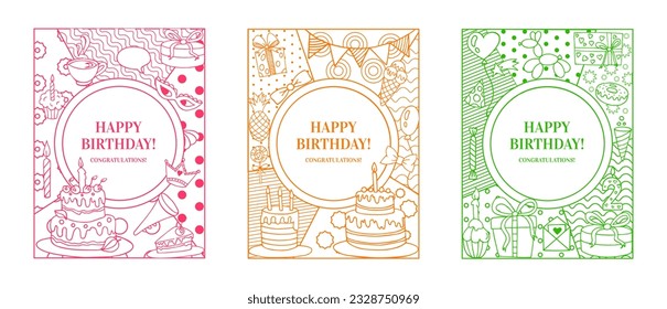 Happy birthday greeting card. Celebration sweet cake and presents. Holiday dessert. Line art. Anniversary congratulations. Flags or balloons. Invitation design. Festive banners vector set