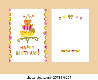 Happy Birthday Greeting Card with celebration cake. Design made in playful childish style. Front and back with copy space for text