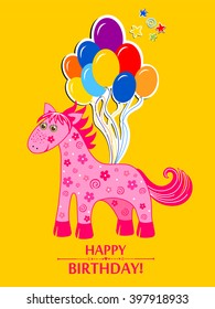 Happy Birthday! Greeting card. Celebration yellow background with Pink horse, Balloons and place for your text. vector illustration
