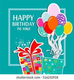 Happy Birthday! Greeting card. Celebration background with gift boxes, Balloons, Frame and place for your text. Vector Illustration