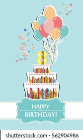 Happy birthday!  Greeting card.  Celebration mint background with number eight, balloon, cake and place for your text. Vector Illustration
