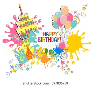 Happy Birthday! Greeting card. Celebration white background with gift boxes, Balloons, Birthday Cake, hat and place for your text. Vector Illustration
