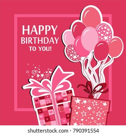 Happy Birthday! Greeting card. Celebration background with gift boxes, Balloons, Frame and place for your text. Vector Illustration