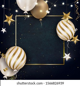 Happy birthday greeting card. Celebrations background with  pearl white balloons, confetti, sparkles. Template for banner, sales, promotions. Vector illustrations.