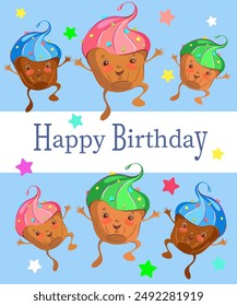 Happy Birthday greeting card for children and adults with cute colorful muffins, cakes and festive lettering on a white background