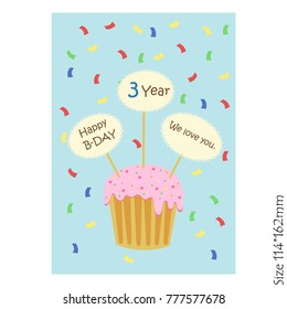 Happy birthday greeting card for children with cupcakes and plates on a blue background.