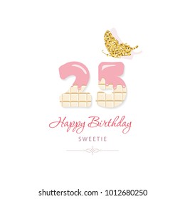 Happy birthday greeting card with chocolate numbers 25 and glitter butterfly.  Twenty five years anniversary.