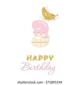 Happy birthday greeting card with chocolate number 3 and glitter butterfly. Three year old girl anniversary. Trendy minimalistic design.