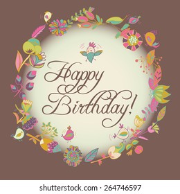 happy birthday greeting card. circle floral frame with cute cartoon bird and flower