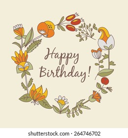 happy birthday greeting card. circle floral frame with cute cartoon flower