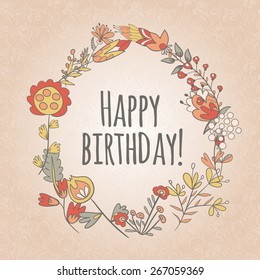 happy birthday greeting card. circle floral frame with cute cartoon flower