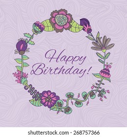 happy birthday greeting card. circle floral frame with cute cartoon flower