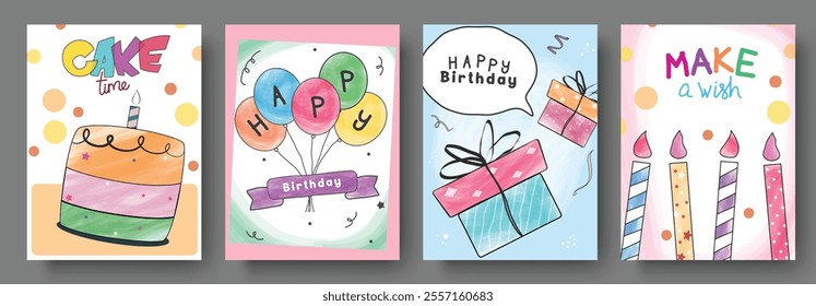 Happy birthday greeting card clipart poster set design. Birthday greetings and wishes in colorful outline doodle background with cake, balloons, gift boxes and candle clip art elements. Vector 