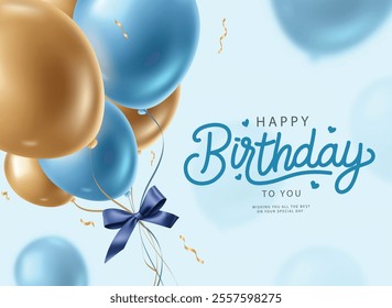 Happy birthday greeting card clipart. Birthday wishes and greeting text with balloons bunch floating in blue background. Vector illustration boy invitation card clip art.   
