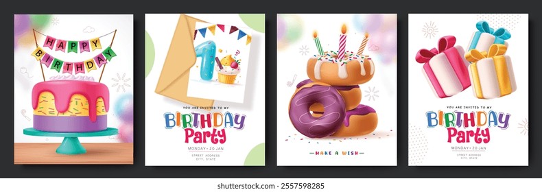 Happy birthday greeting card clipart poster set. Birthday party invitation, wishes and greetings card collection with cake, donut, envelope and gift boxes elements. Vector illustration bday invitation