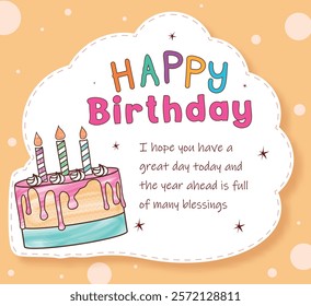 Happy birthday greeting card clipart template. Happy birthday greeting and wishes in cloud white space with colorful drawing cake clip art. Vector illustration bday invitation card design.
