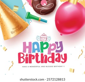 Happy birthday greeting card clipart poster design. Happy birthday greeting text with party hat, balloon and donut festive elements in abstract background. Vector illustration bday invitation card 