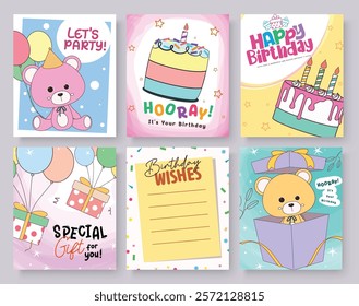 Happy birthday greeting card clipart poster set. Set of birthday cards with message, wishes, surprise and party elements in colorful abstract background. Vector illustration bday celebration postcard 