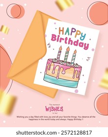 Happy birthday greeting card clipart design. Birthday wishes and message with brown envelope and hand drawn colorful cake in paper clip art elements. Vector illustration bday invitation card design.
