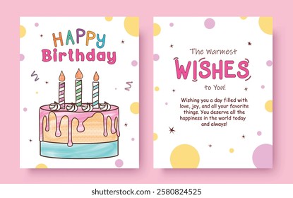 Happy birthday greeting card clipart poster set design. Birthday greeting, wishes and message with hand drawn colorful cake in dotted white background. Vector illustration wishing card template.
