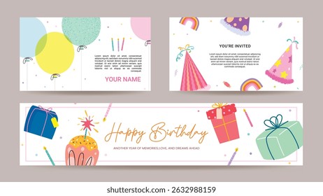 Happy birthday greeting card clipart banner set. Birthday invitation card template clip art collection with flat colorful drawing elements like balloons, party hat and gift box banner design vector 