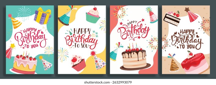Happy birthday greeting card clipart poster set. Birthday wishes clip art template with cake, gift box and cup cake decoration elements in colorful abstract background vector illustration. 
