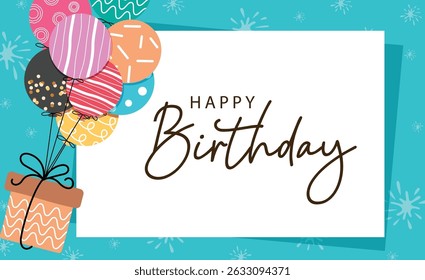 Happy birthday greeting card clipart banner design. Birthday greeting text with colorful gift box and balloons festive decoration for invitation and greeting card.